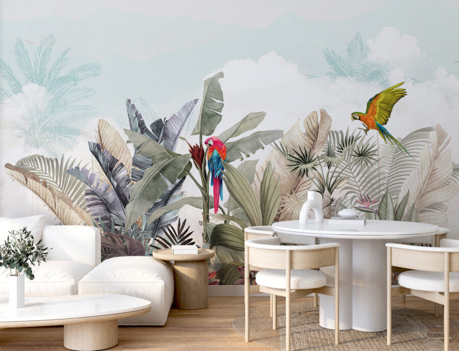 Papel de parede com plantas tropicais e pássaros