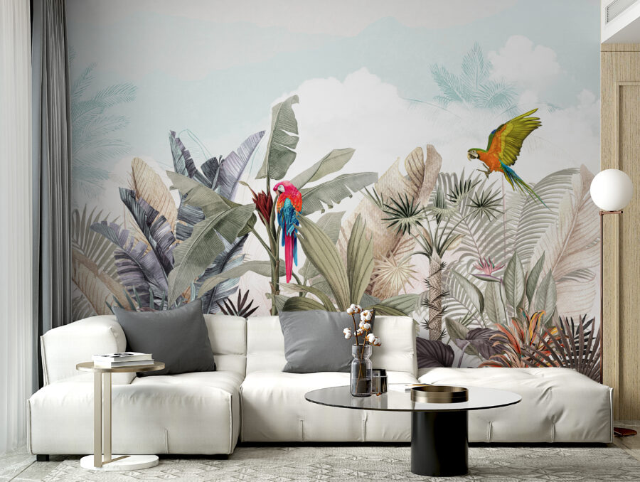Papel de parede com plantas tropicais e pássaros
