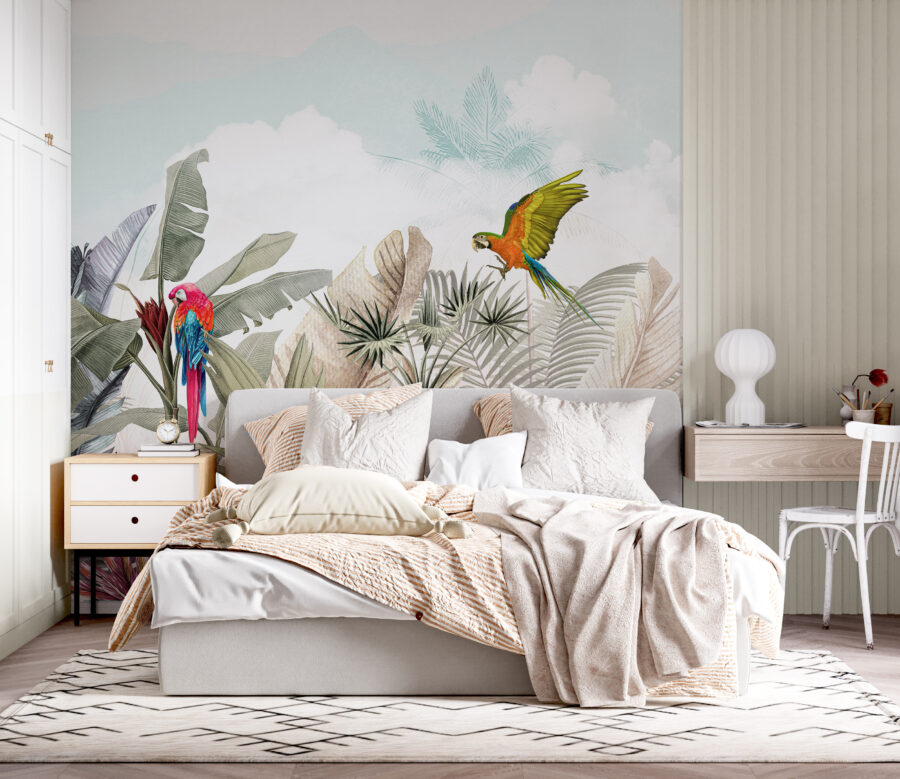 Papel de parede com plantas tropicais e pássaros