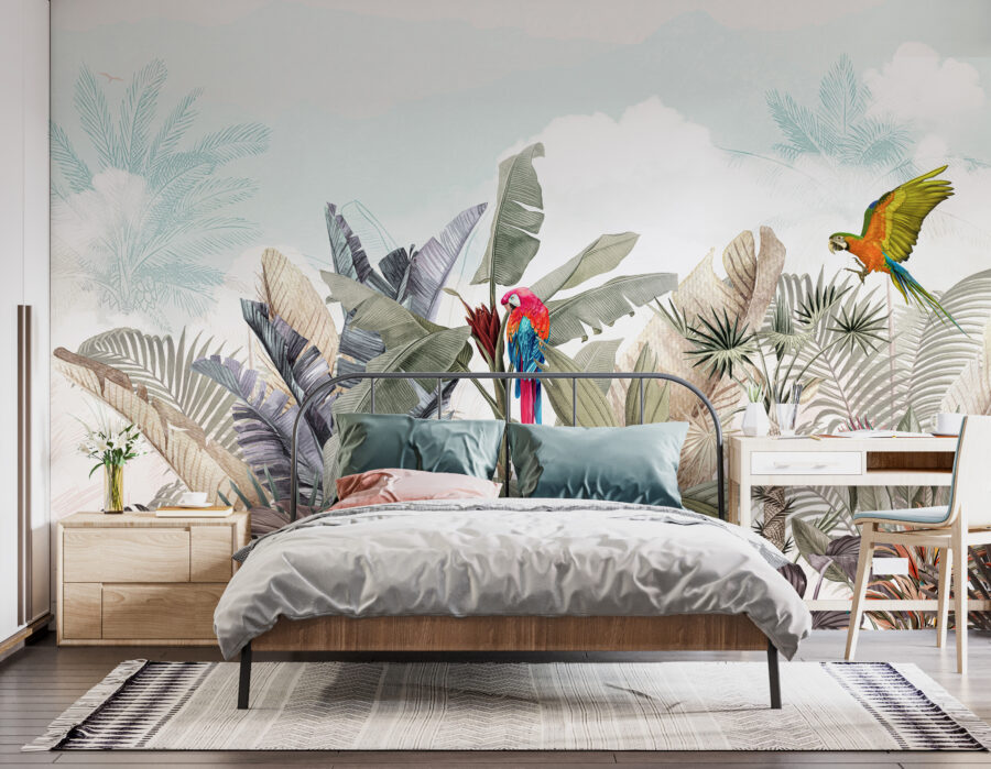 Papel de parede com plantas tropicais e pássaros
