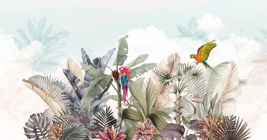 Papel de parede com plantas tropicais e pássaros