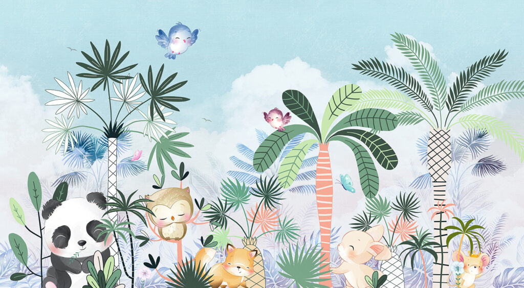 Desenho animado de animais e aves numa floresta Desenho animado de animais e aves numa floresta