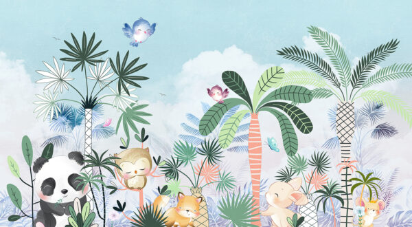 Desenho animado de animais e aves numa floresta Desenho animado de animais e aves numa floresta