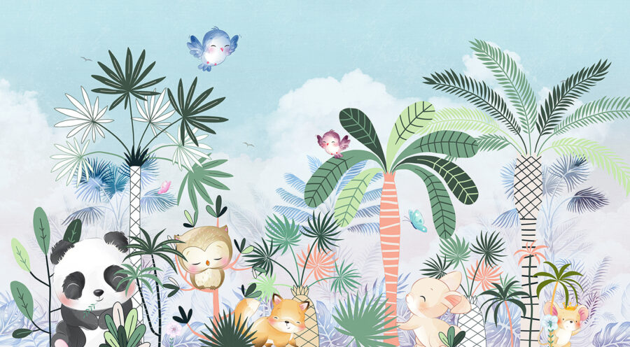 Desenho animado de animais e aves numa floresta