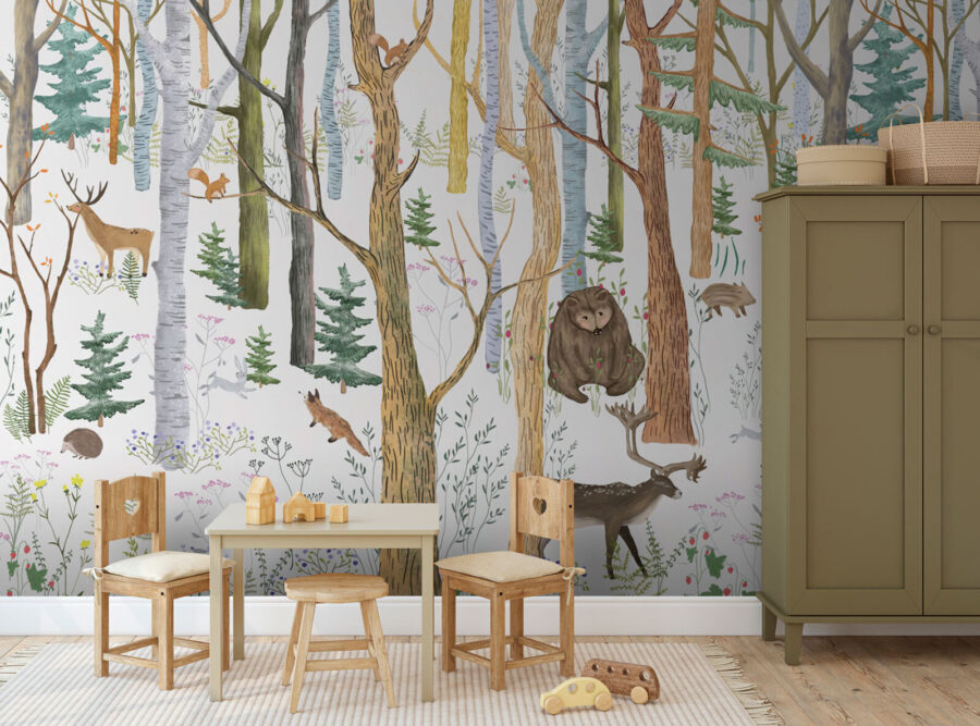 Papel de parede Floresta com árvores e animais