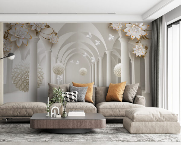 Quarto branco com flores brancas e bolas brancas Quarto branco com flores brancas e bolas brancas