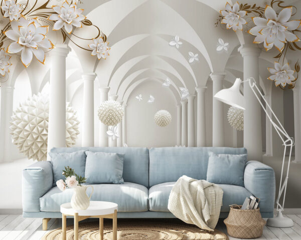 Quarto branco com flores brancas e bolas brancas Quarto branco com flores brancas e bolas brancas