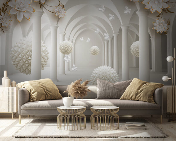 Quarto branco com flores brancas e bolas brancas Quarto branco com flores brancas e bolas brancas
