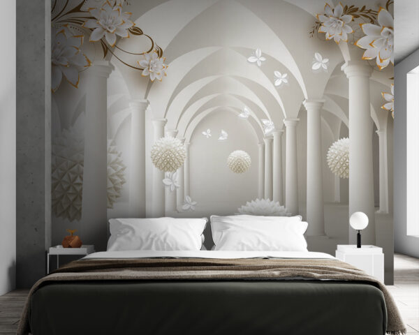 Quarto branco com flores brancas e bolas brancas Quarto branco com flores brancas e bolas brancas