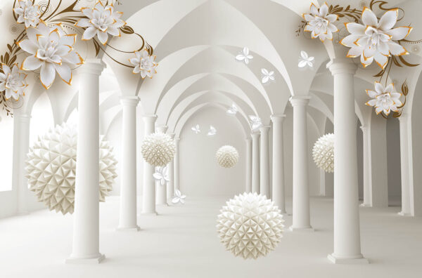 Quarto branco com flores brancas e bolas brancas Quarto branco com flores brancas e bolas brancas