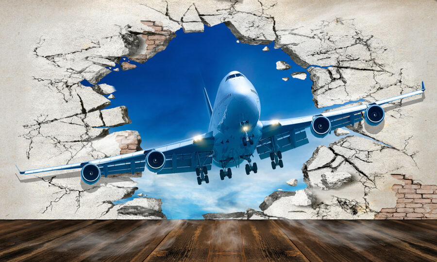 Avião a passar por um buraco na parede
