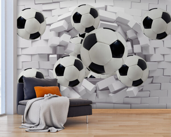 Grupo de bolas de futebol a voar sobre um muro Grupo de bolas de futebol a voar sobre um muro