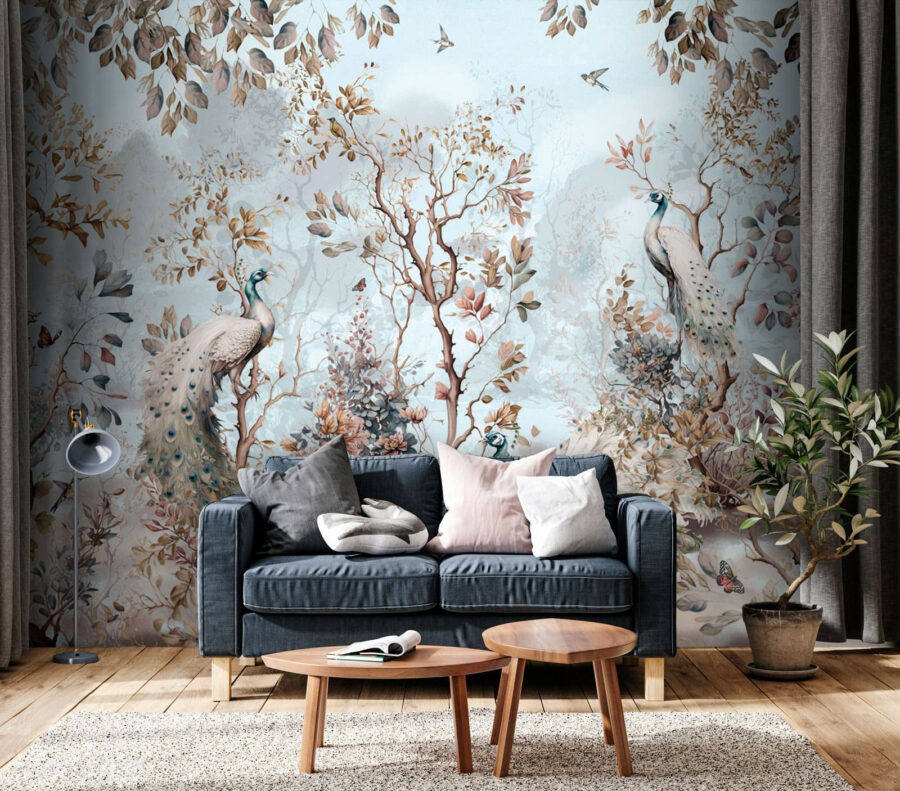 Pintura de pavões numa floresta