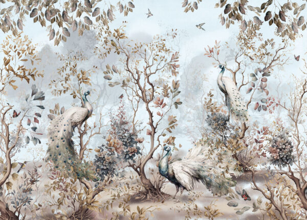 Pintura de pavões numa floresta Pintura de pavões numa floresta