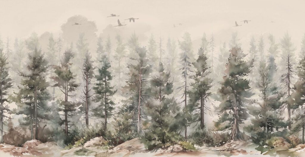 Aguarela de árvores e pássaros a voar sobre uma floresta com nevoeiro Aguarela de árvores e pássaros a voar sobre uma floresta com nevoeiro