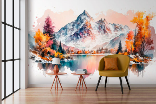 Pintura a aguarela de uma montanha e um lago Pintura a aguarela de uma montanha e um lago