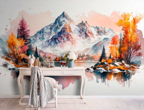 Pintura a aguarela de uma montanha e um lago Pintura a aguarela de uma montanha e um lago