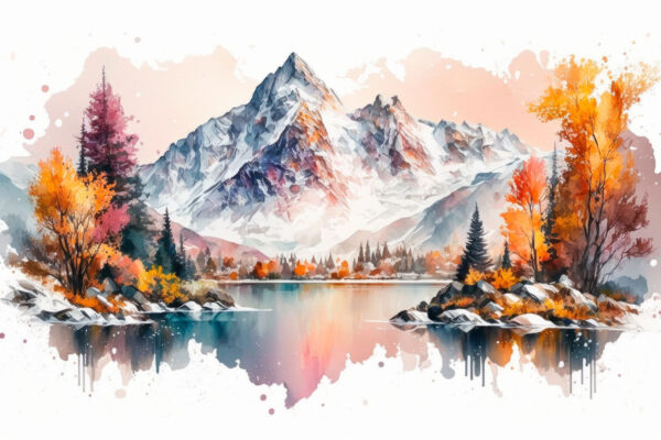 Pintura a aguarela de uma montanha e um lago Pintura a aguarela de uma montanha e um lago