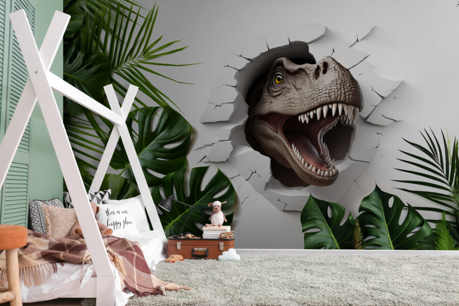 Cabeça de dinossauro a sair de um buraco numa parede
