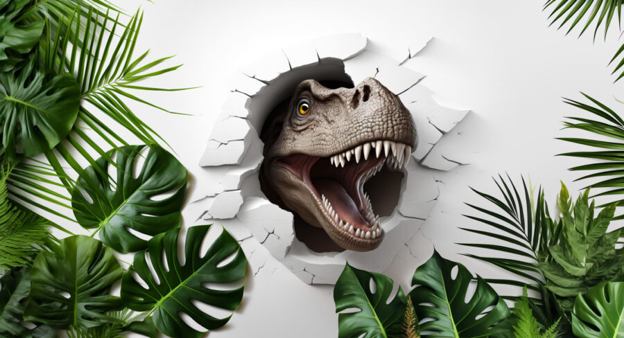 Cabeça de dinossauro a sair de um buraco numa parede