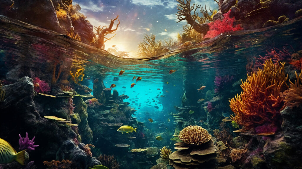 Vista subaquática de um recife de coral com peixes e corais Vista subaquática de um recife de coral com peixes e corais
