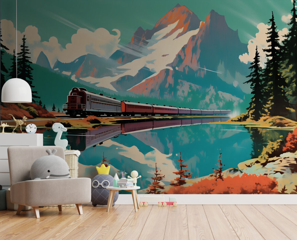 Train on the tracks by a lake Train on the tracks by a lake