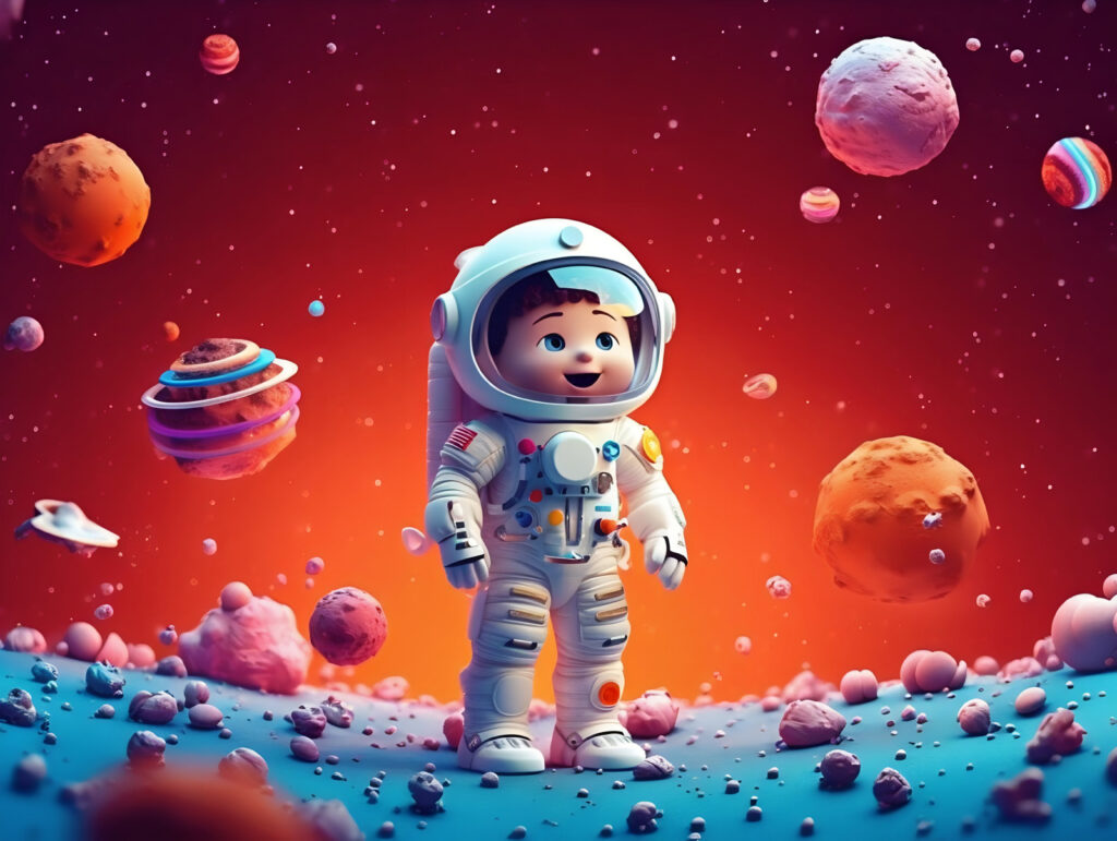 Desenho animado de um astronauta de brincar no espaço Desenho animado de um astronauta de brincar no espaço