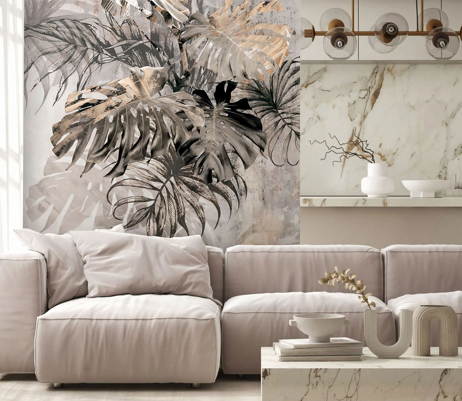 Grey and white wall with leaves Grey and white wall with leaves