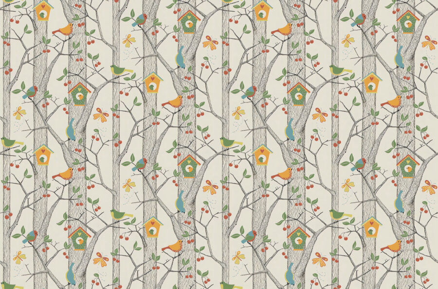 Papel de parede com pássaros e árvores
