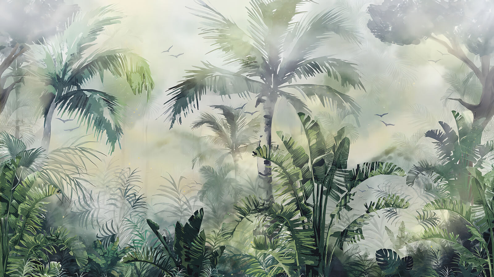 Foggy forest with palm trees