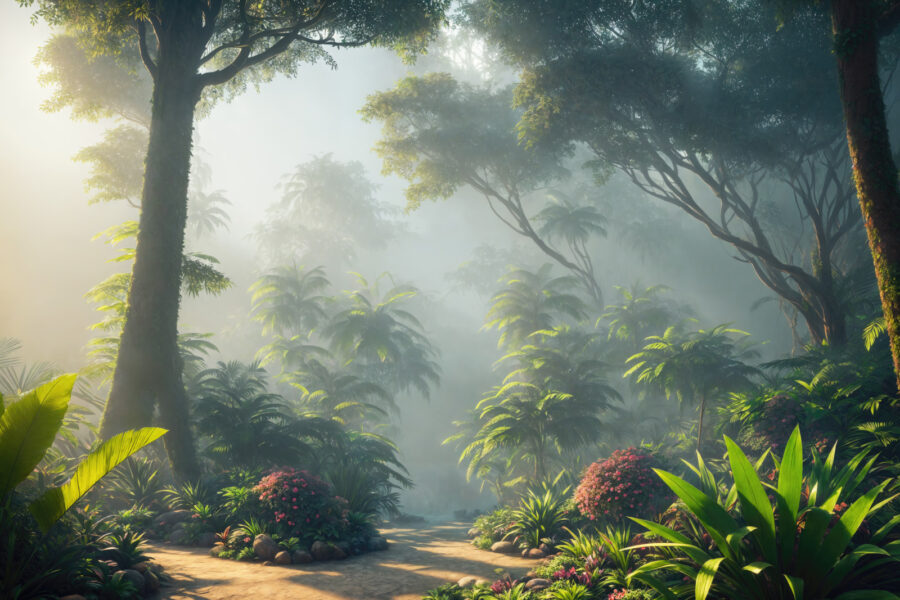 Caminho através de uma floresta com árvores e plantas Caminho através de uma floresta com árvores e plantas