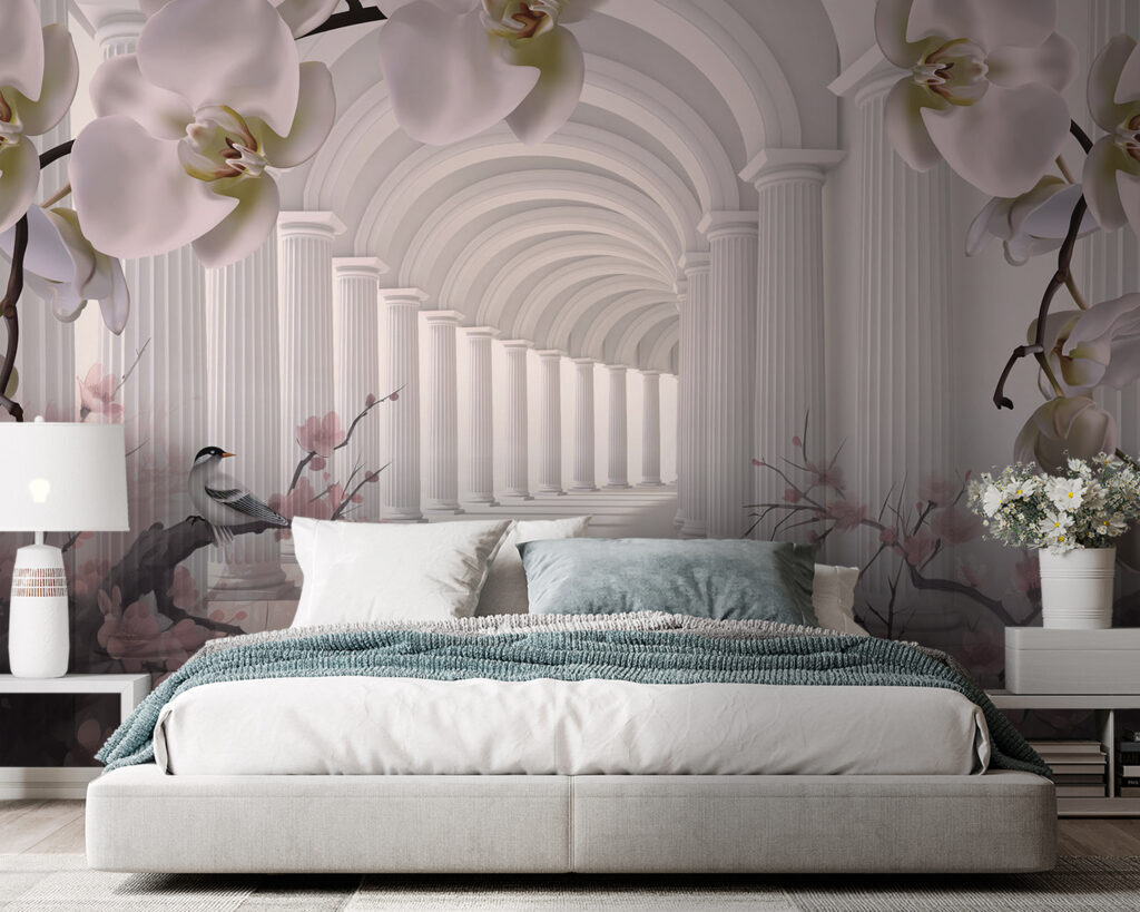 White archway with white columns and birds White archway with white columns and birds