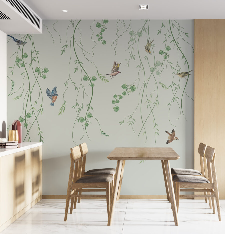 Papel de parede com pássaros e trepadeiras