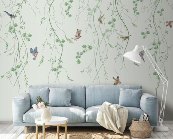 Papel de parede com pássaros e trepadeiras Papel de parede com pássaros e trepadeiras