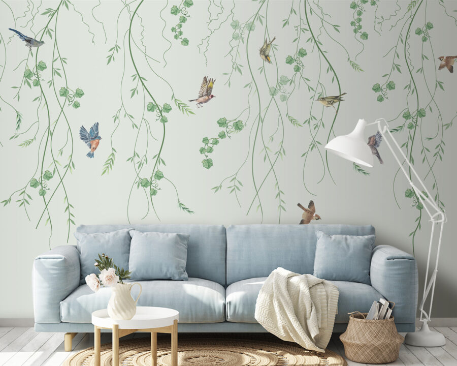 Papel de parede com pássaros e trepadeiras