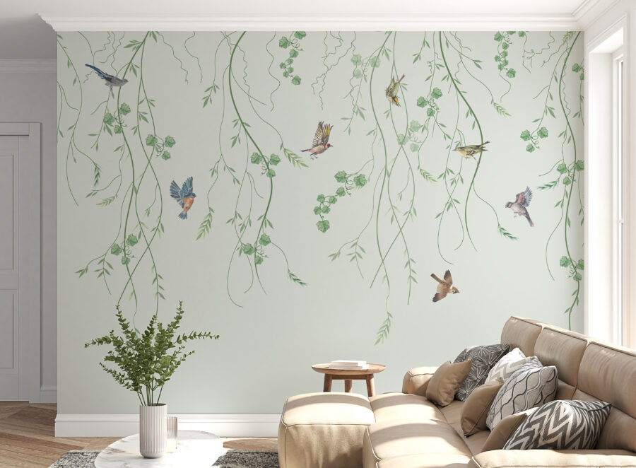 Papel de parede com pássaros e trepadeiras