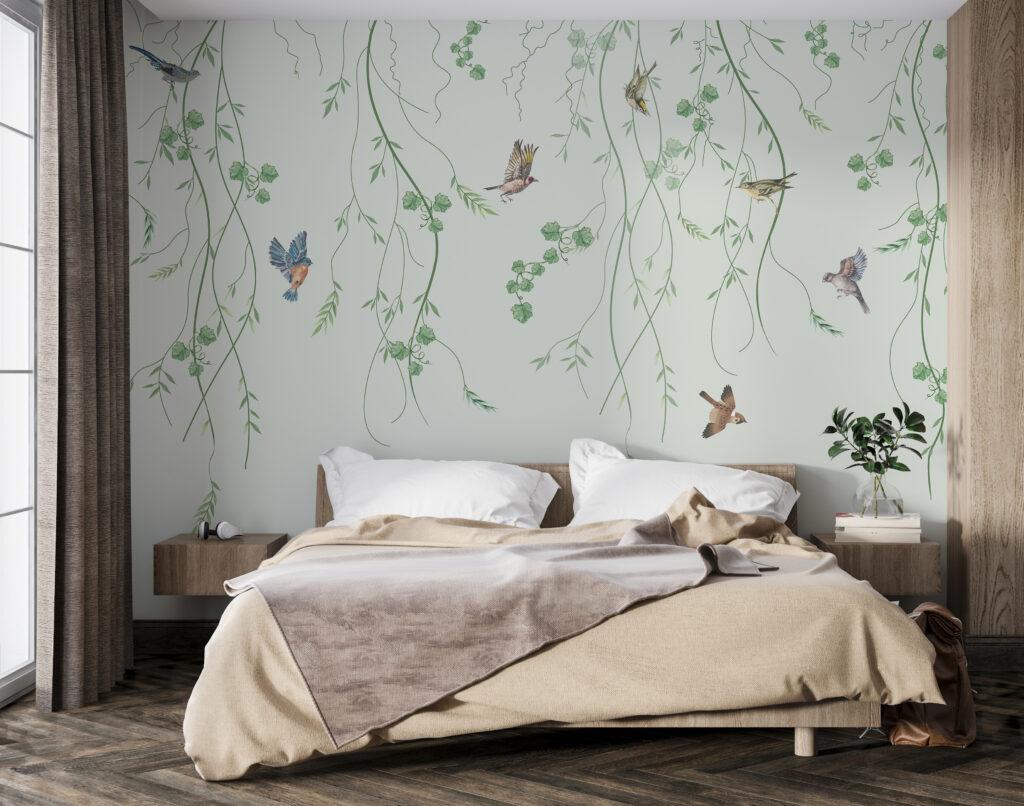 Wallpaper with birds and vines