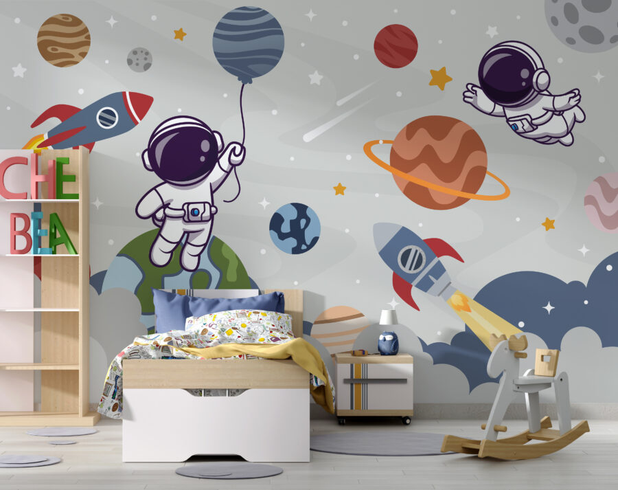 Papel de parede Astronauta em desenho animado no espaço com planetas e um foguetão a voar no céu - Image 4