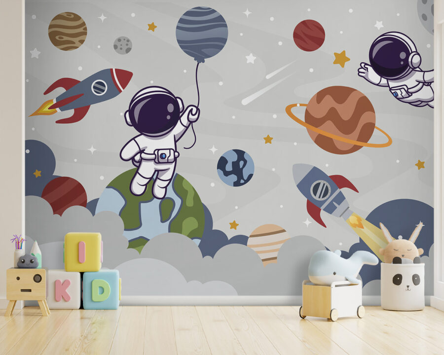 Papel de parede Astronauta em desenho animado no espaço com planetas e um foguetão a voar no céu - Image 3