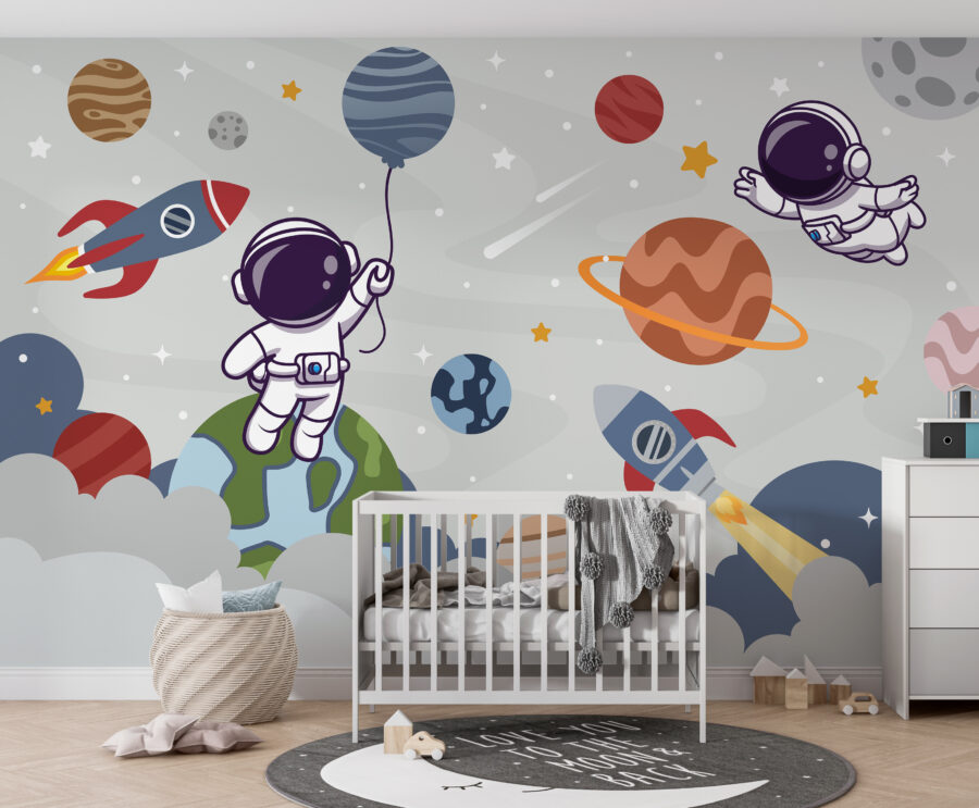 Papel de parede Astronauta em desenho animado no espaço com planetas e um foguetão a voar no céu - Image 2