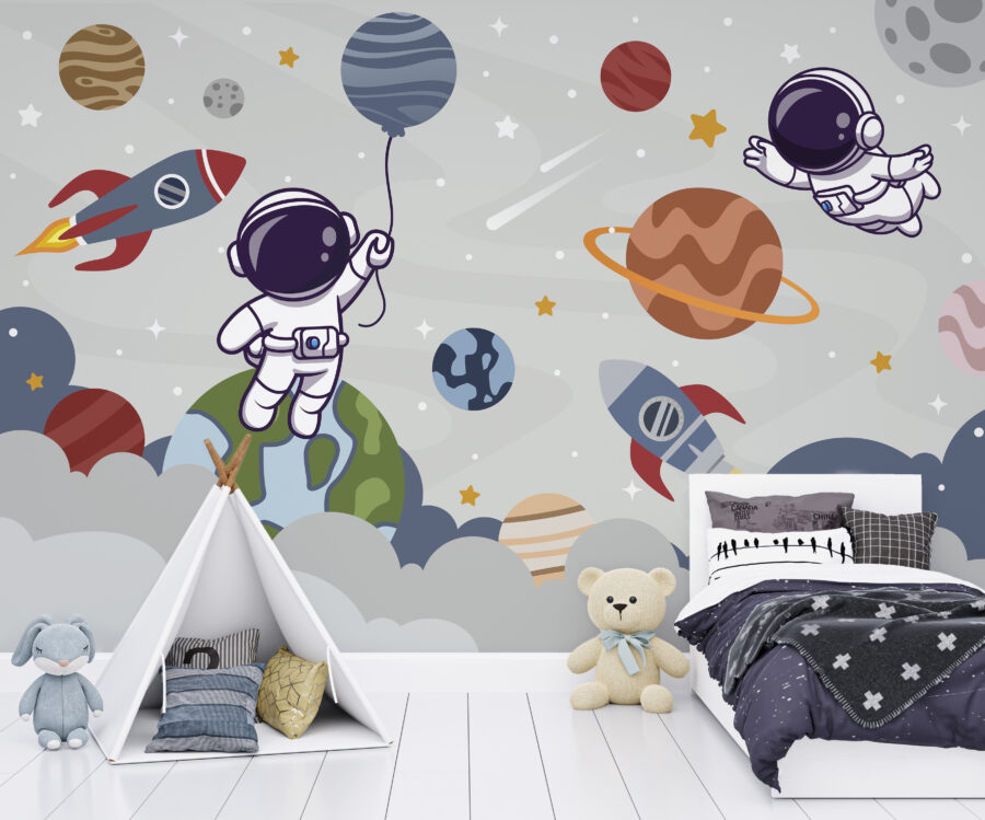 Papel de parede Astronauta em desenho animado no espaço com planetas e um foguetão a voar no céu