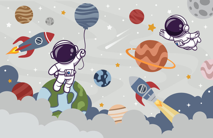Papel de parede Astronauta em desenho animado no espaço com planetas e um foguetão a voar no céu - Image 7