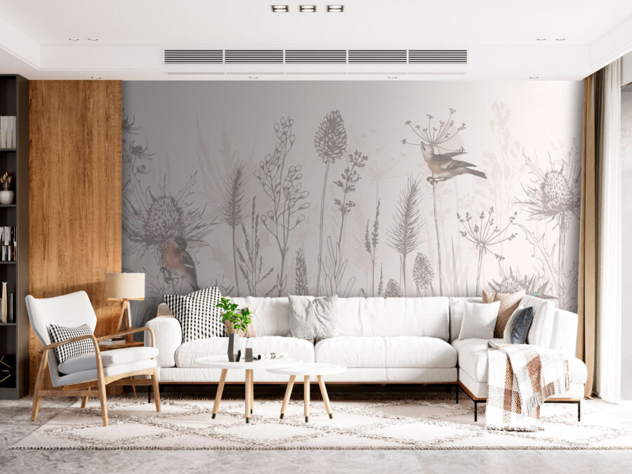 Desenho de aves e plantas