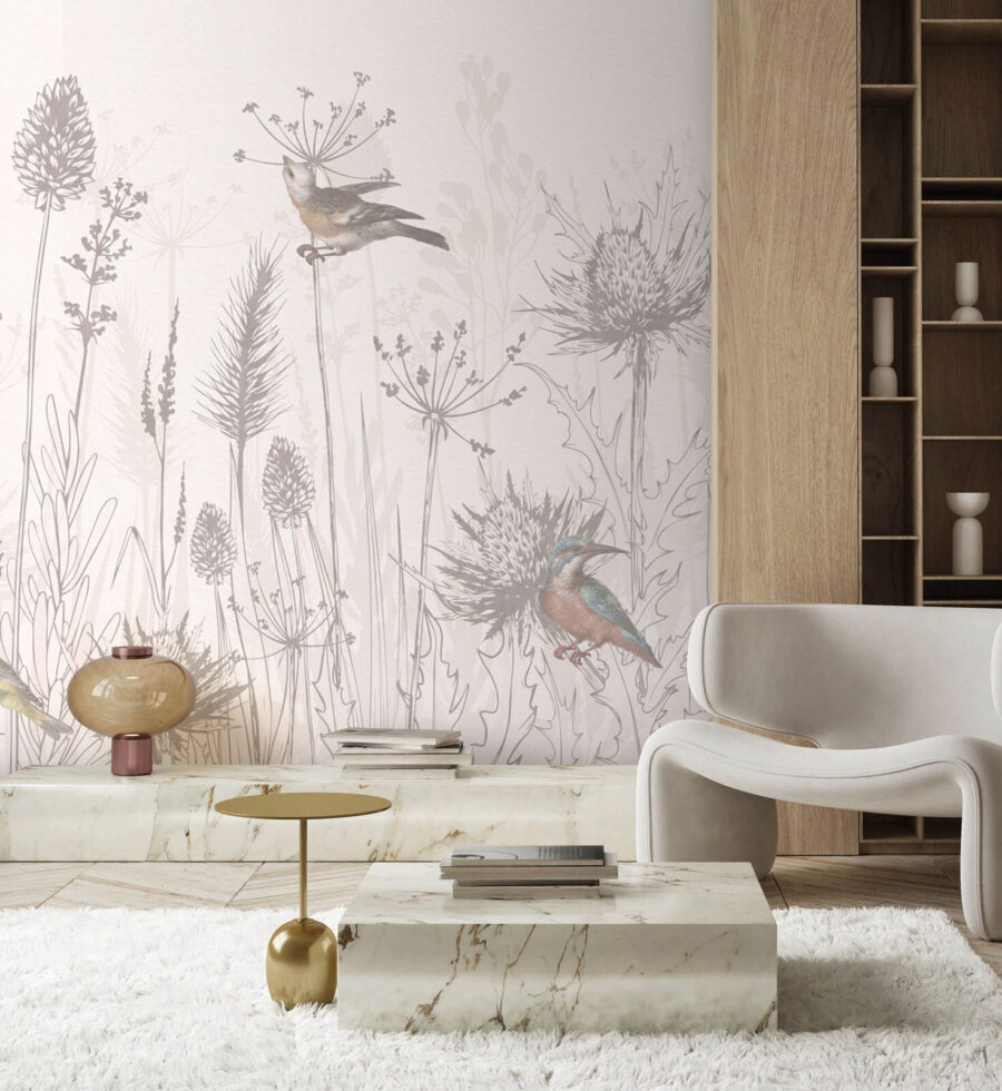 Desenho de aves e plantas