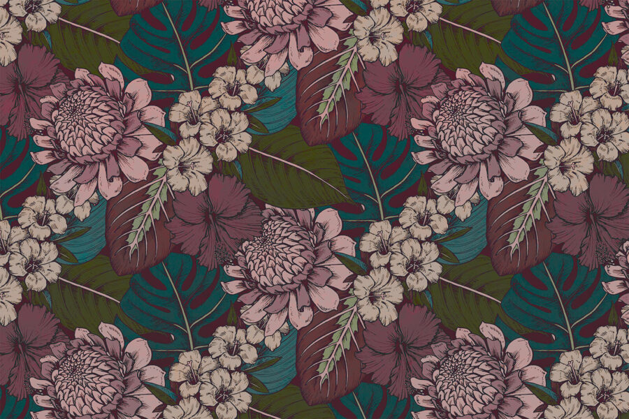 Padrão de flores e folhas
