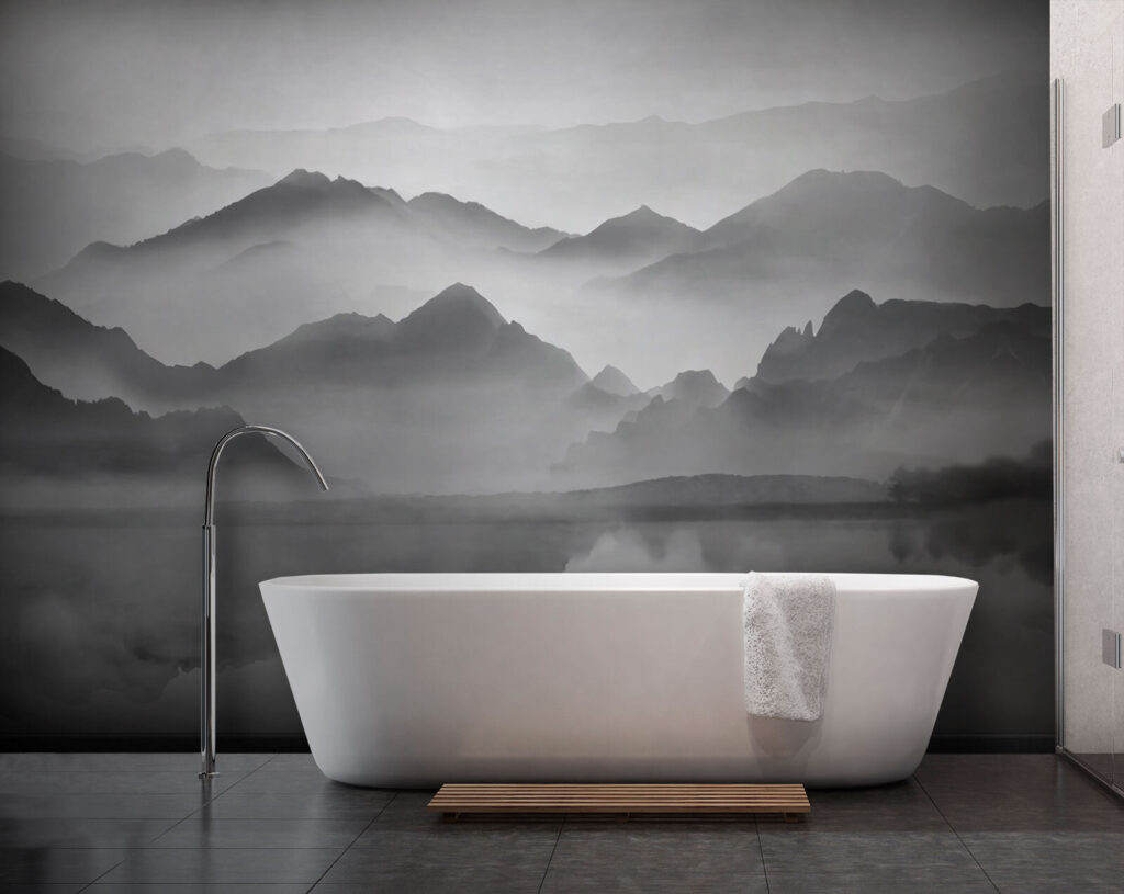 Mountain range with fog and water Mountain range with fog and water