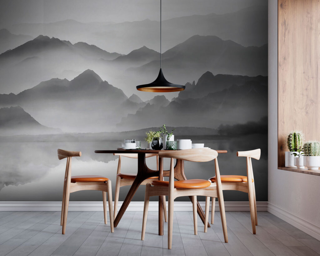 Mountain range with fog and water Mountain range with fog and water