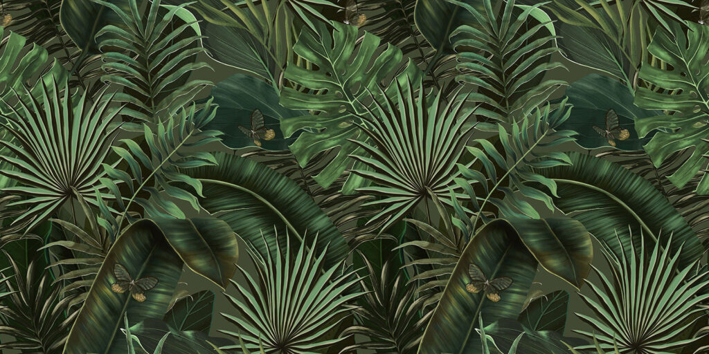 Folhas verdes exuberantes e borboletas escondidas. Folhas verdes exuberantes e borboletas escondidas.