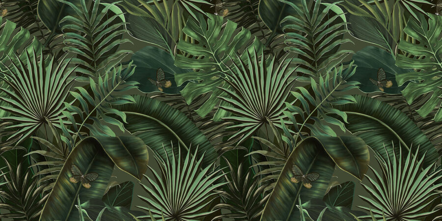 Folhas verdes exuberantes e borboletas escondidas.