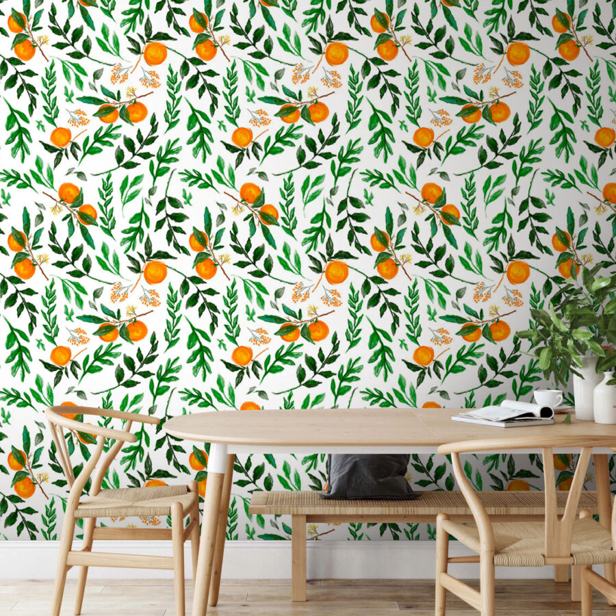 Papel de parede Padrão de laranjas e folhas